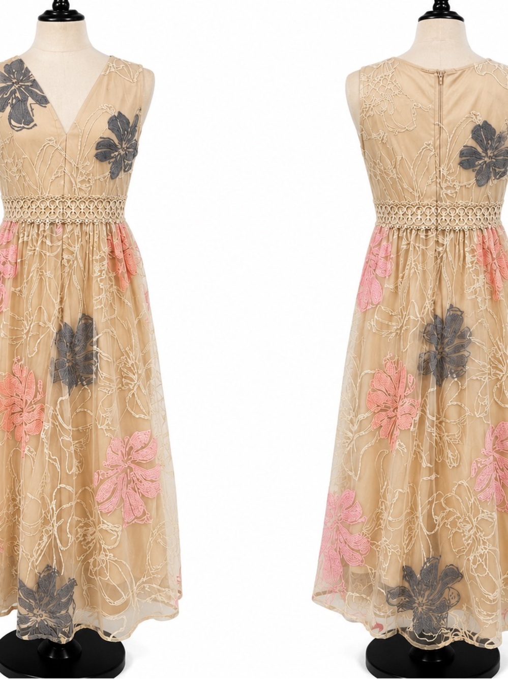Embroidered Floral Beige Midi Dress with Pink & Gray Flowers